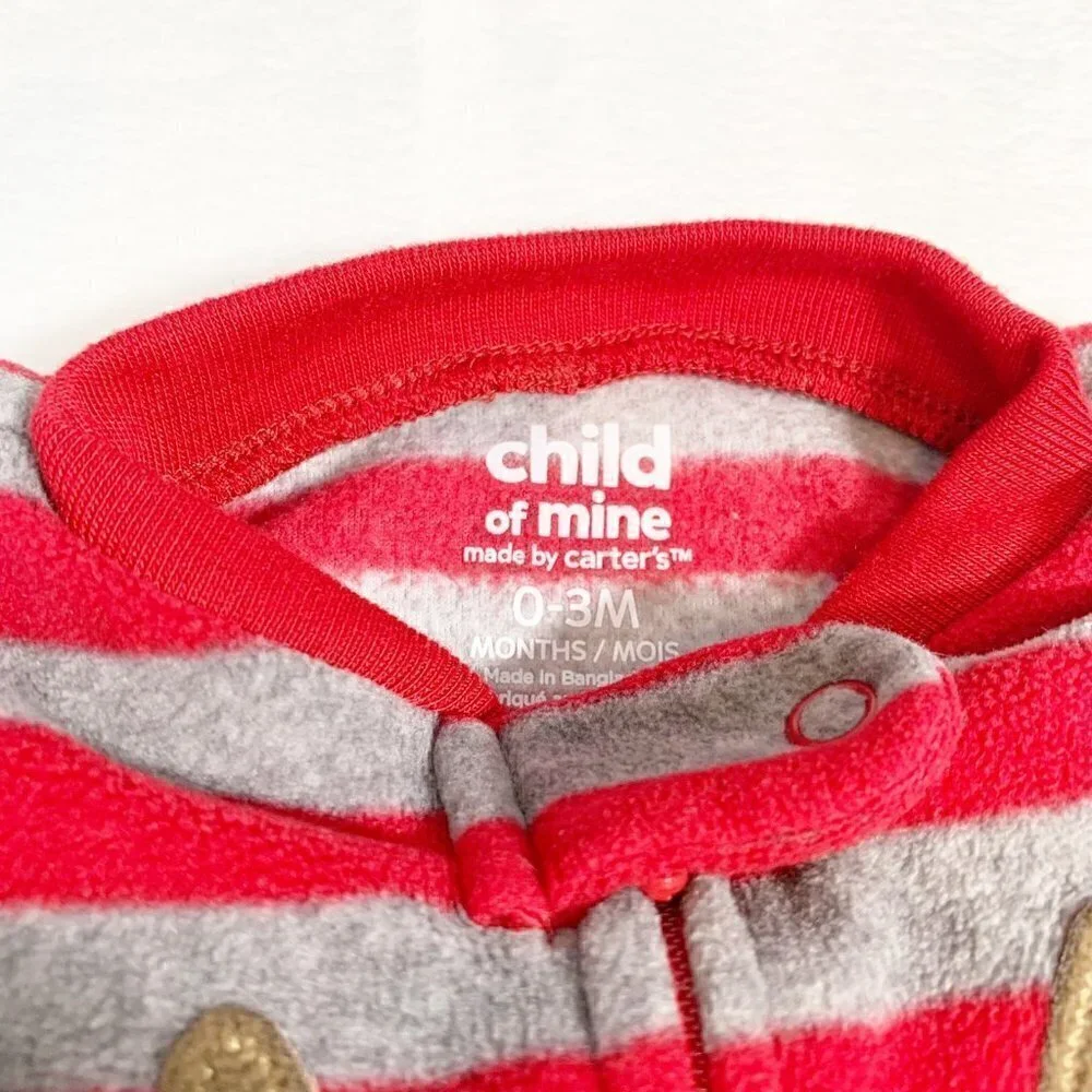 5/$25 Carters Baby Red Gray Striped‎ Moose Fleece Footed Sleeper 0-3M